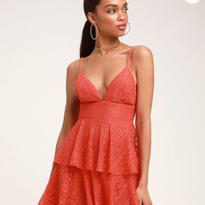 Coral Orange/Red Lace Ruffled Midi Dress
